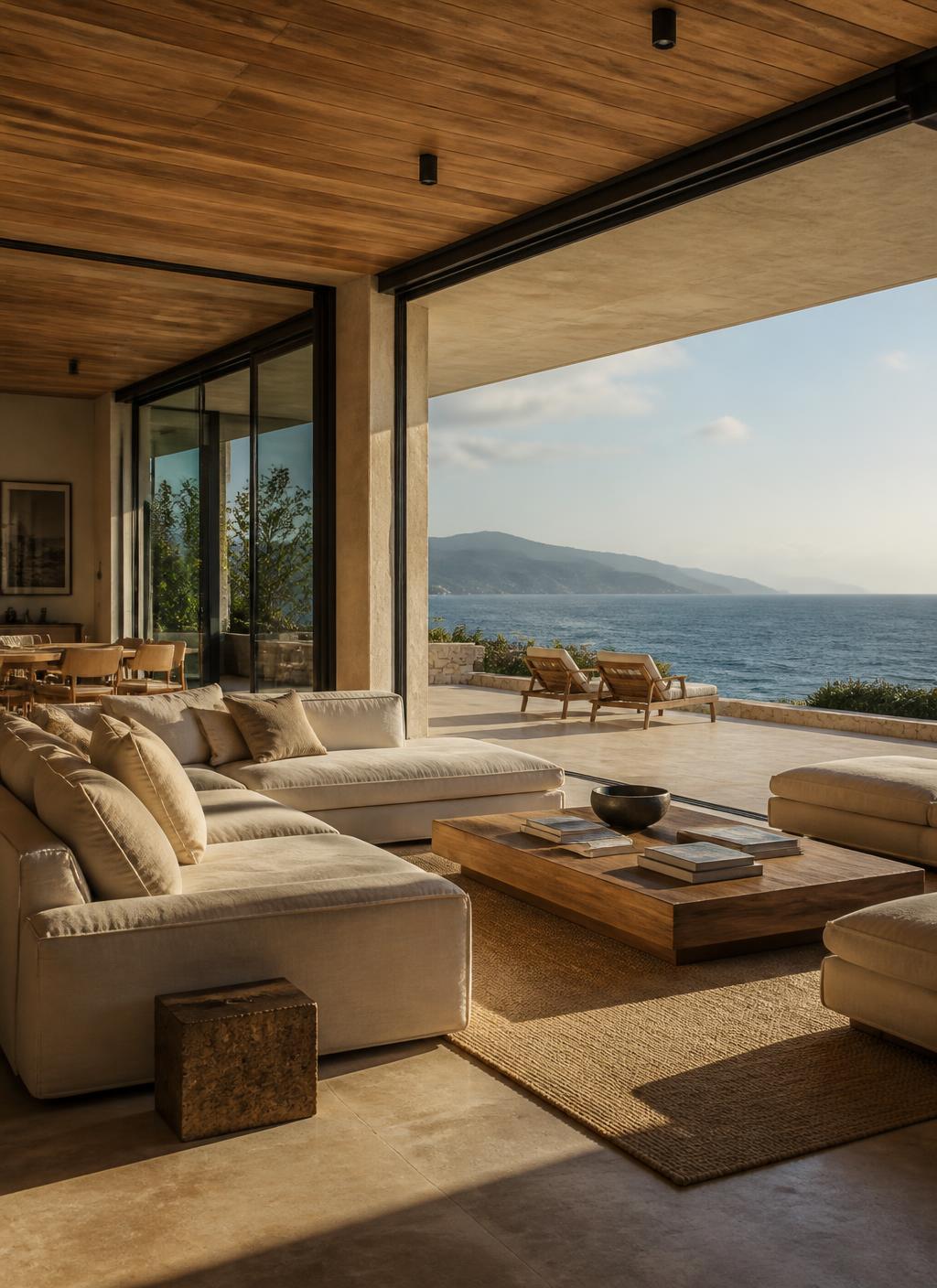 Open living pavilion with retracting glass walls facing the ocean