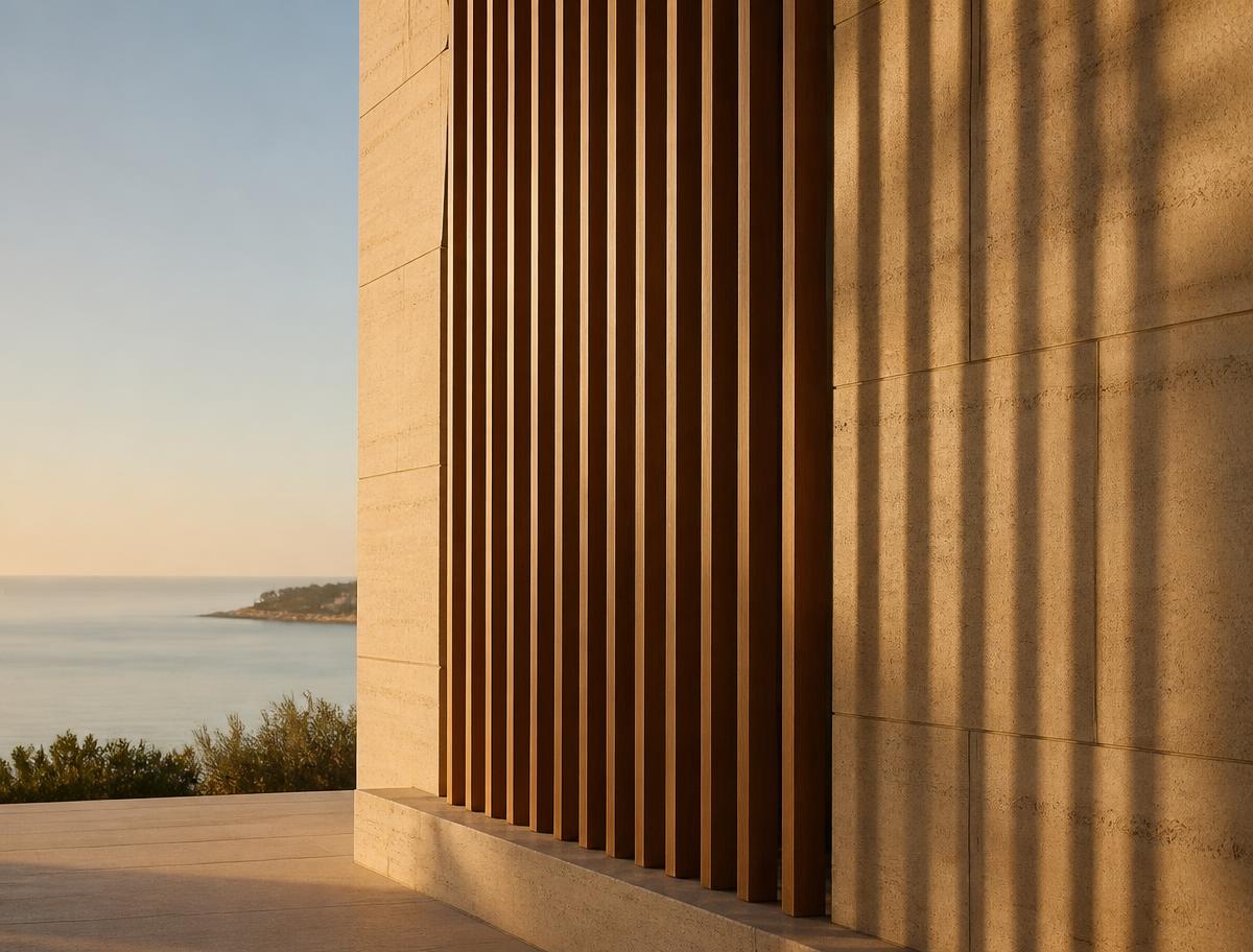 Timber batten screen and limestone wall at golden hour