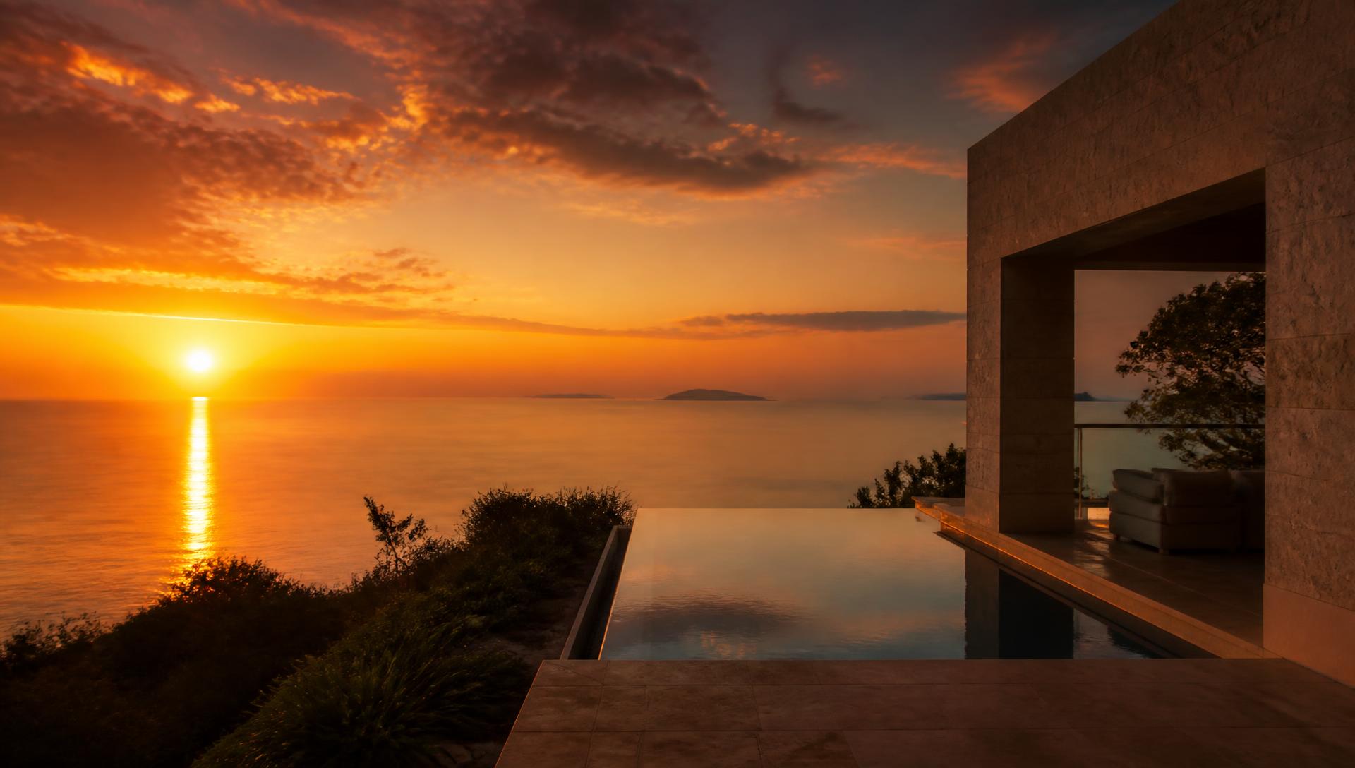 Sunset over the Coral Sea from the villa terrace