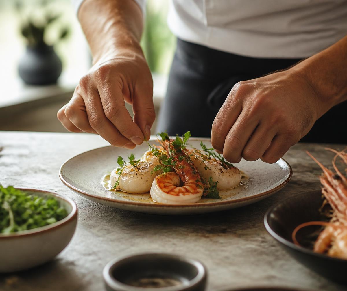 Chef plating fresh seafood