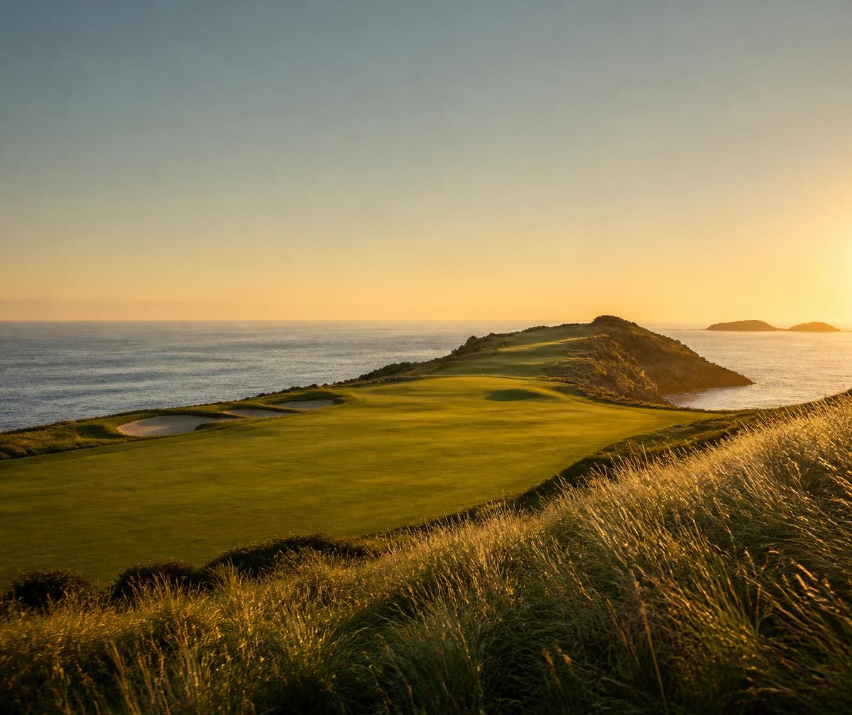 Coastal golf fairway at golden hour