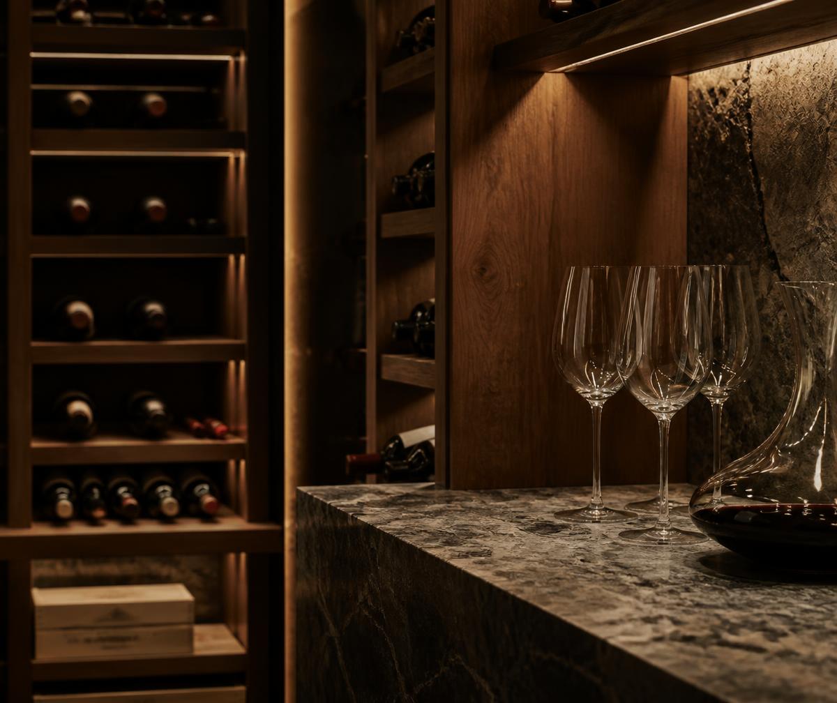 Wine cellar with timber racking and glasses