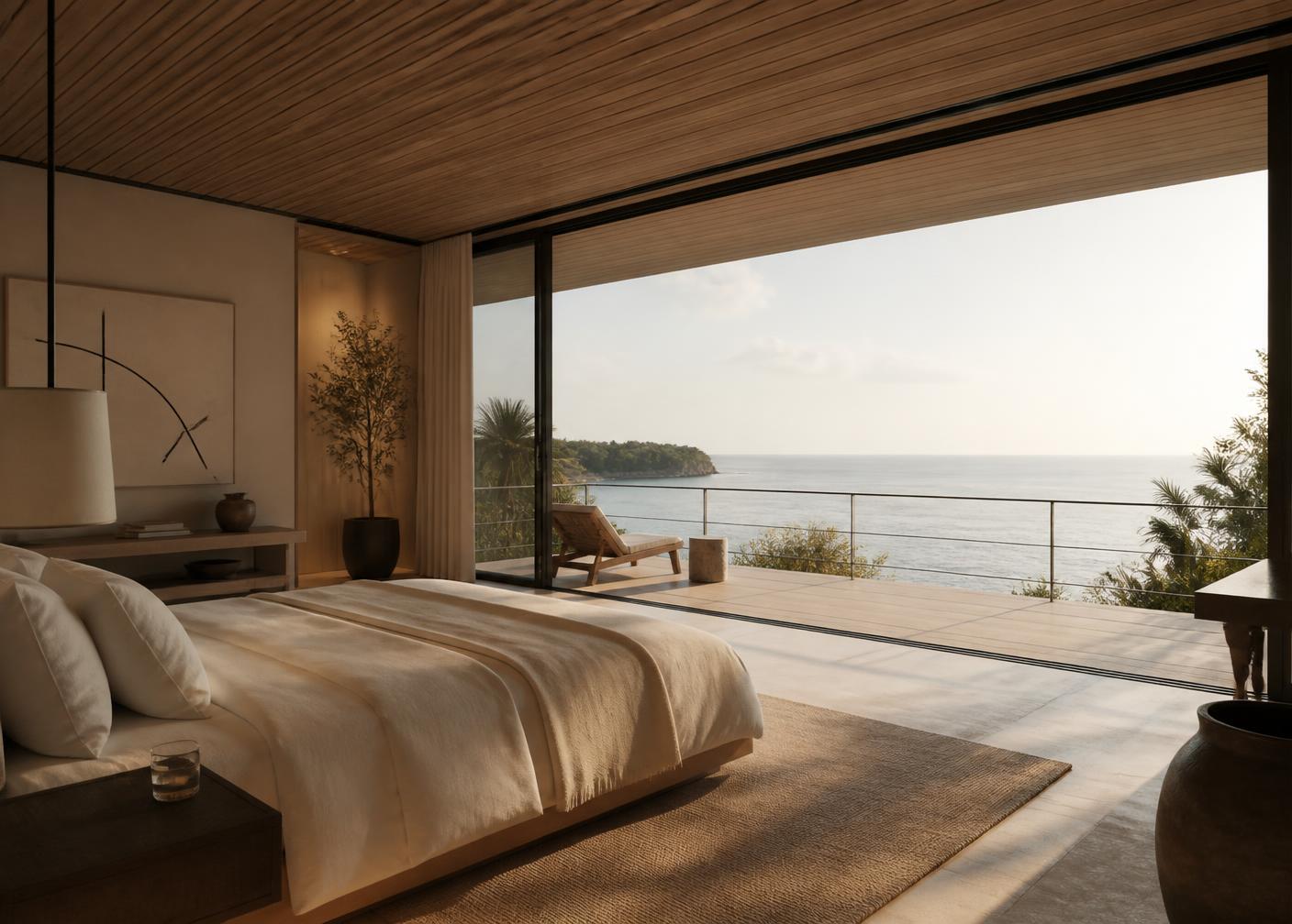 Master bedroom with linen bed and floor-to-ceiling glass opening to an ocean terrace