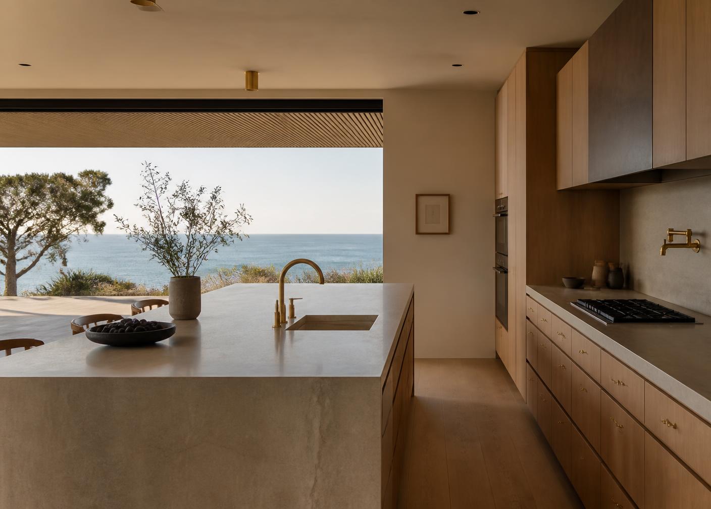 Designer kitchen with stone island, oak cabinetry and ocean view