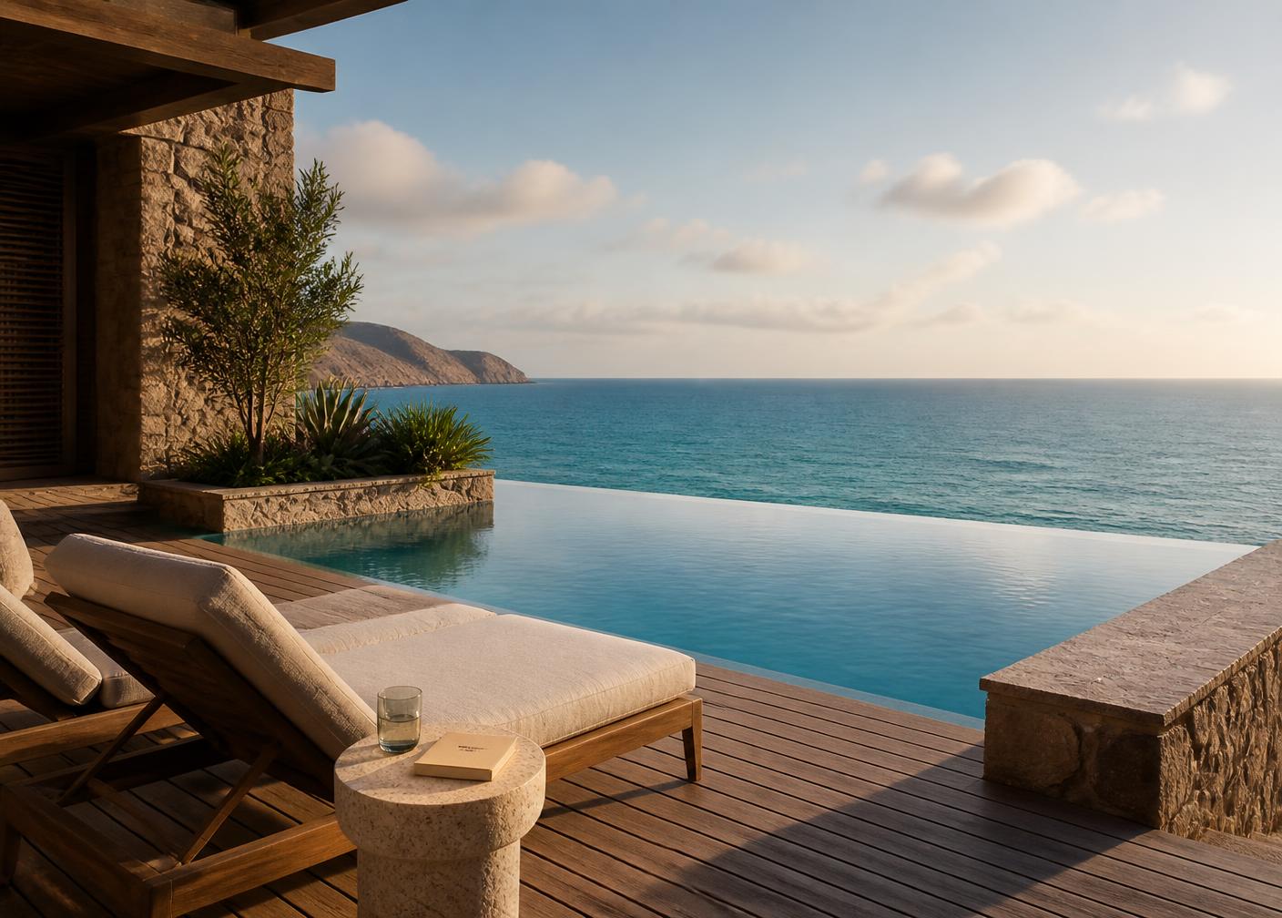 Private infinity pool merging with the turquoise ocean horizon