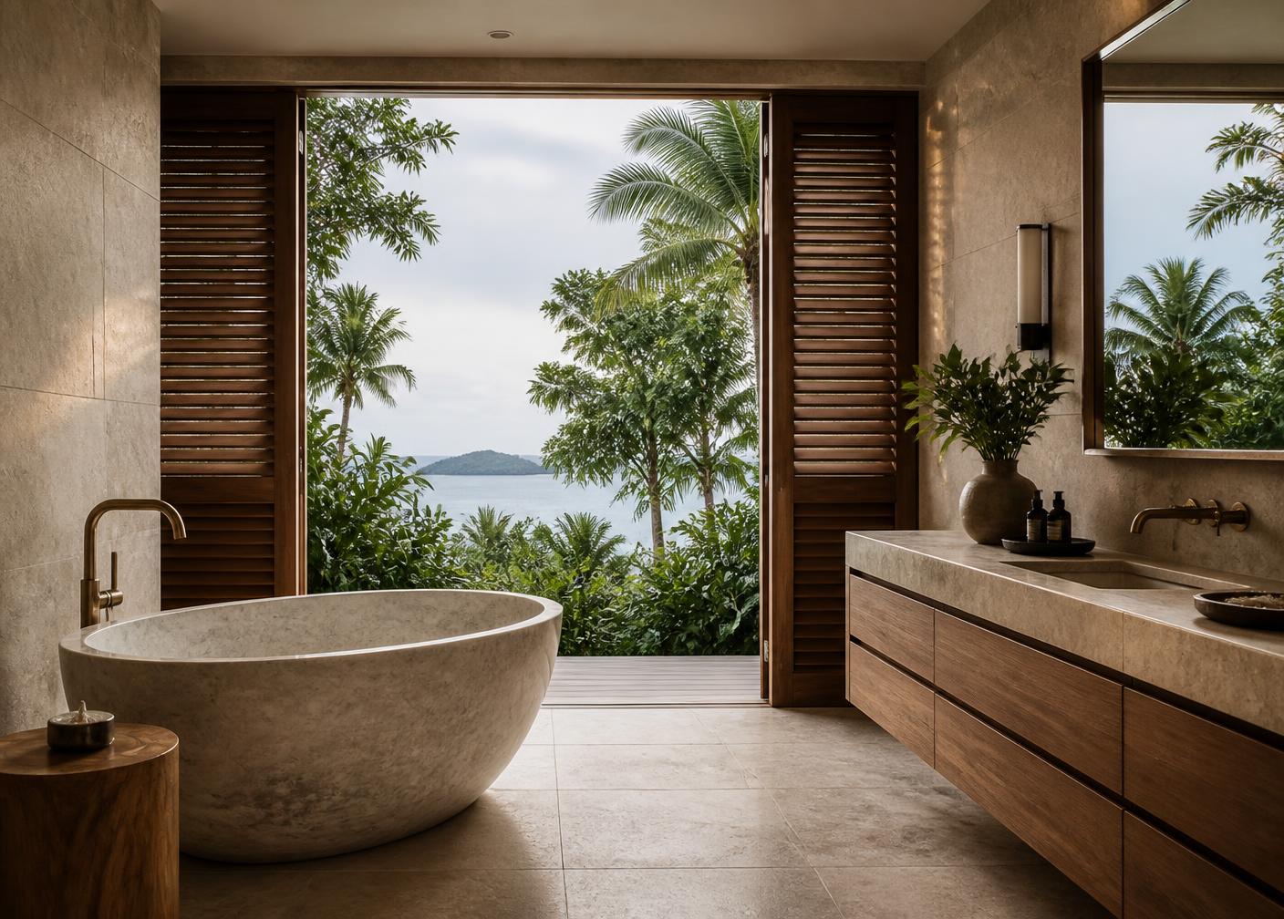 Stone bathroom with freestanding bath and garden outlook