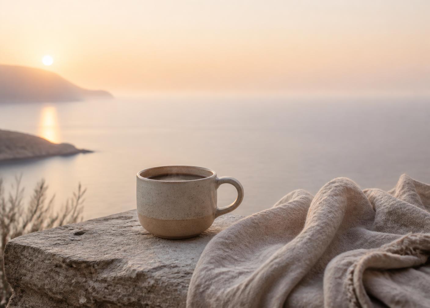 Coffee cup on a stone ledge at sunrise