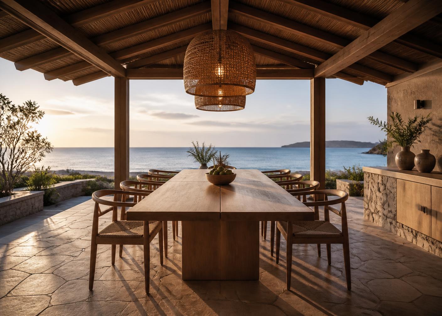 Outdoor dining pavilion with long oak table