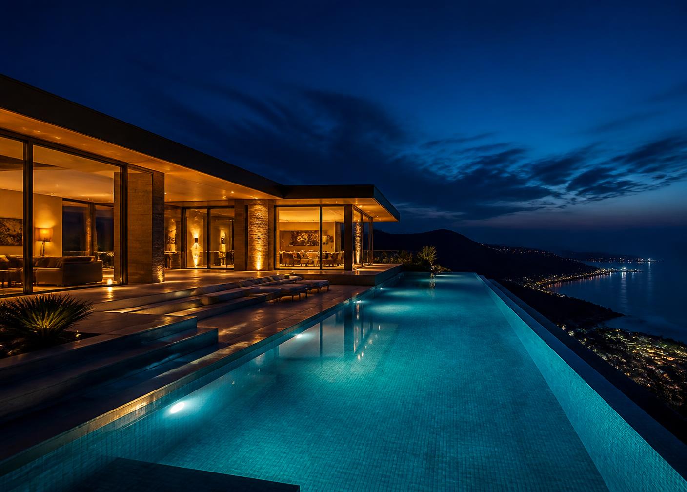 The villa lit at dusk with glowing interiors