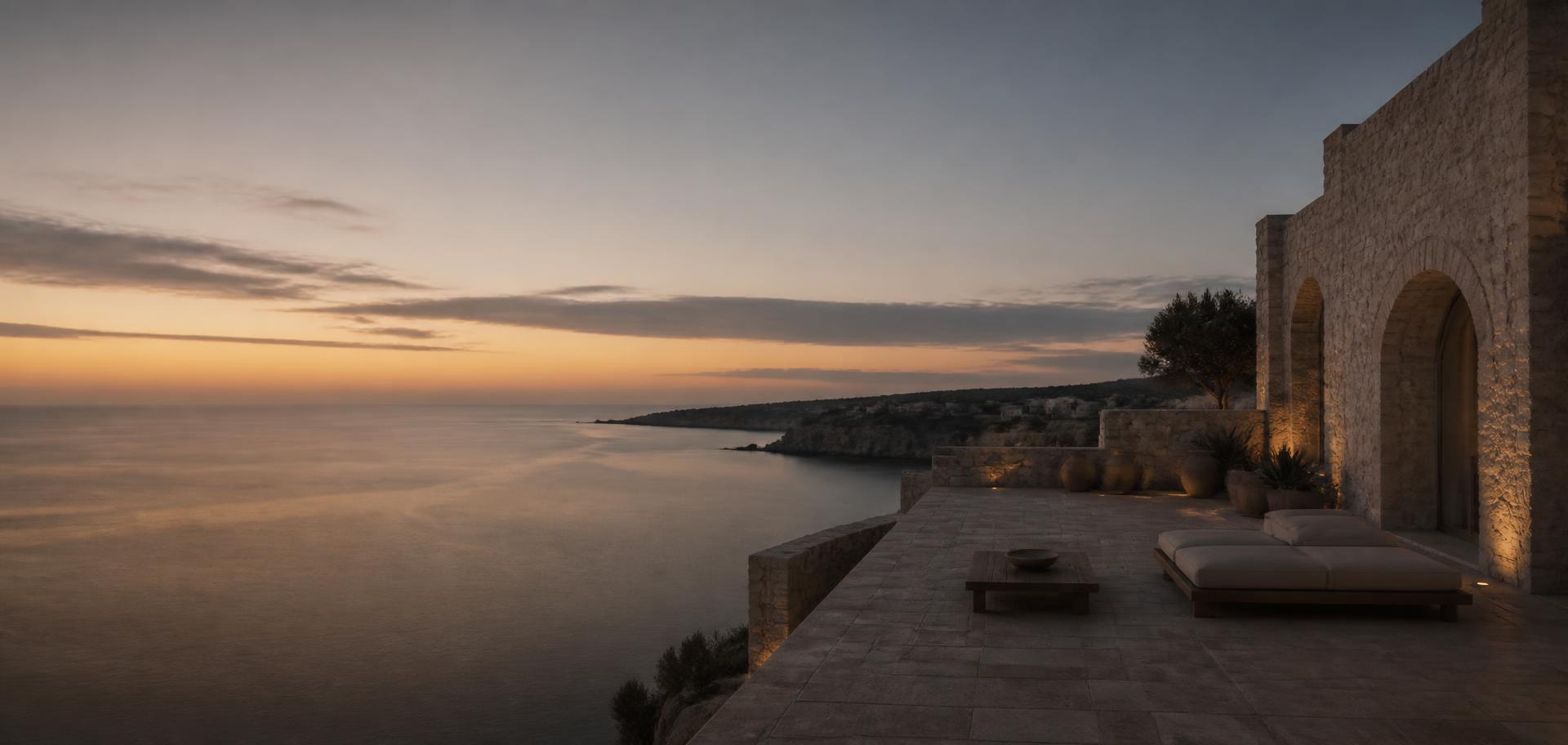Coastal villa terrace at dusk overlooking still ocean